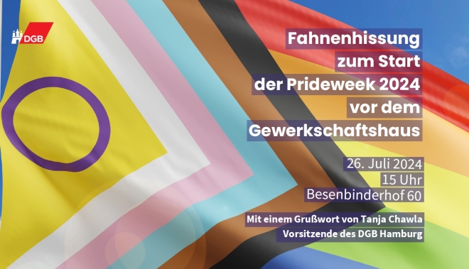 Fahnenhissung zum Start der Prideweek 2024 vor dem Gewerkschaftshaus